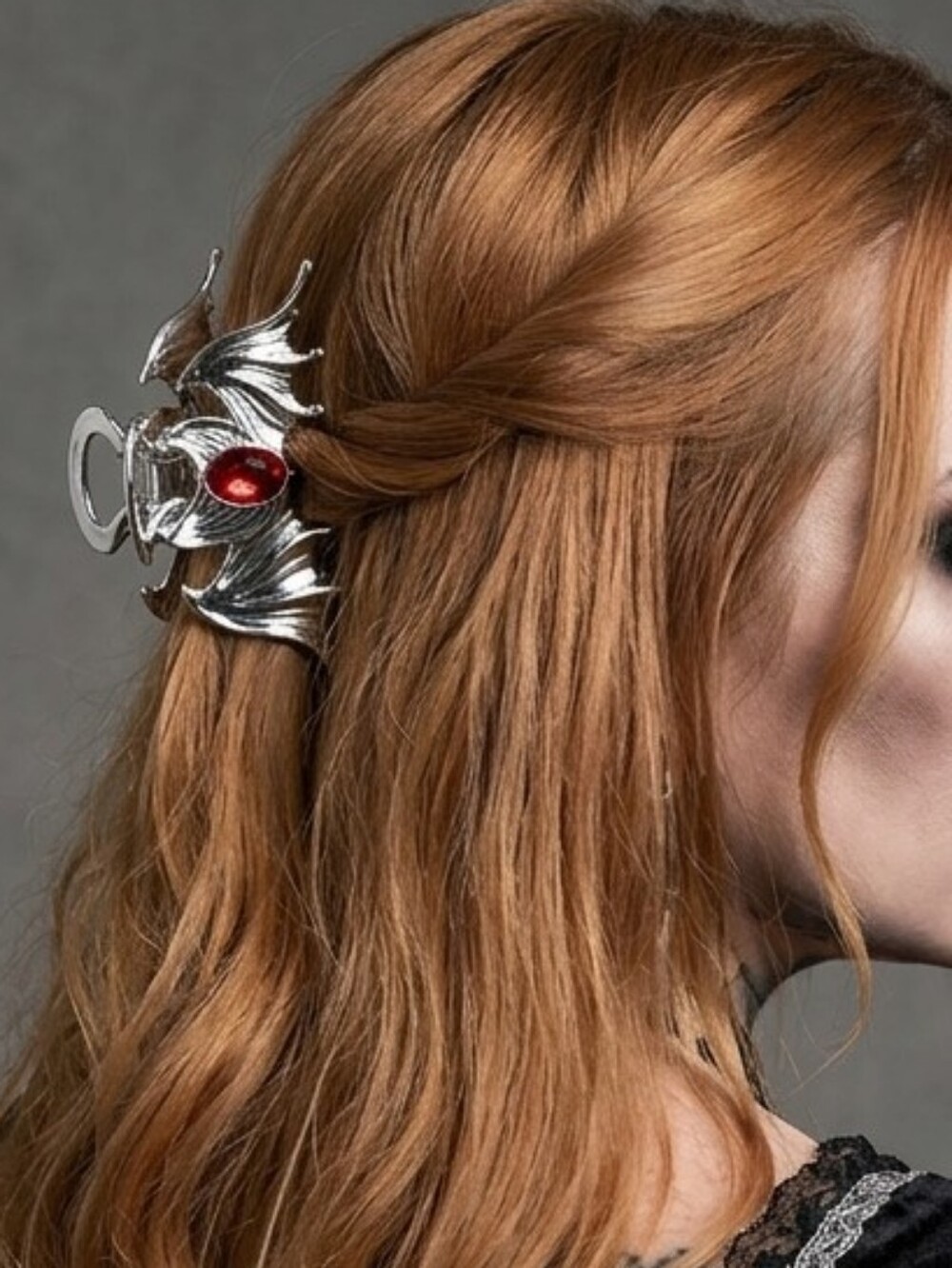Cosmic Aura Silver Bat Wing Red Gemstones Claw Hair Clip